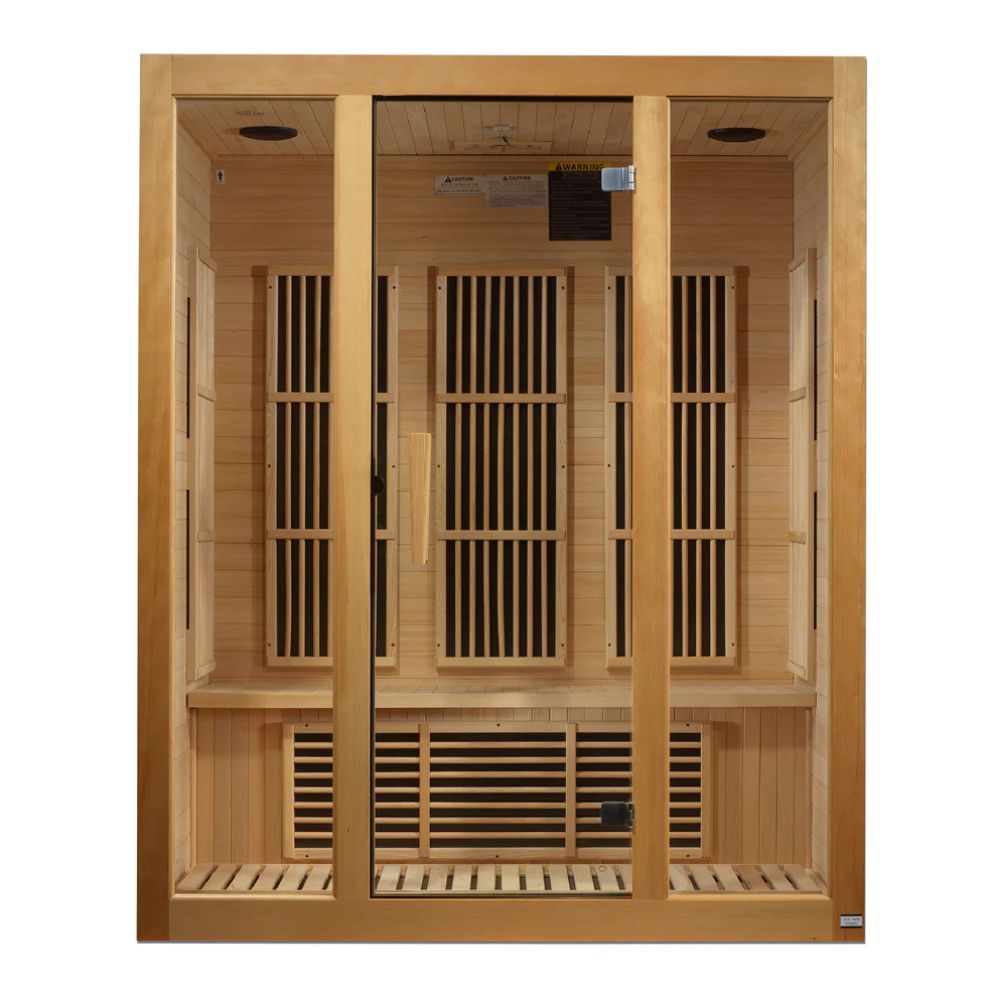Wooden sauna with grid design on a white background