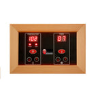 Digital control panel with temperature and timer display on a wooden frame.
