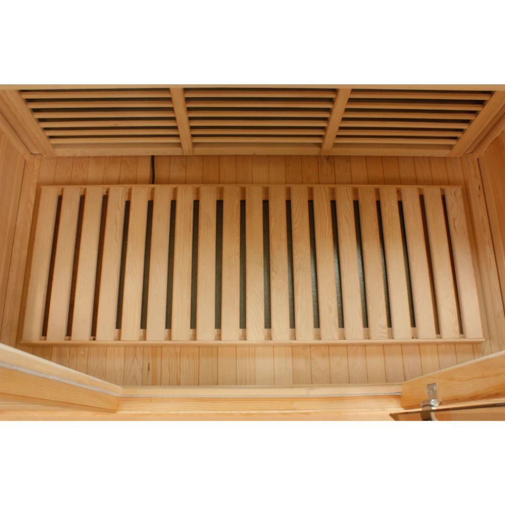 Wooden sauna interior with bench and ceiling vents on a white background