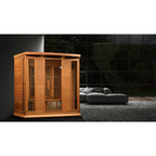 Wooden sauna in an outdoor setting with a dark background