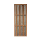 Wooden screen door with vertical slats on a white background