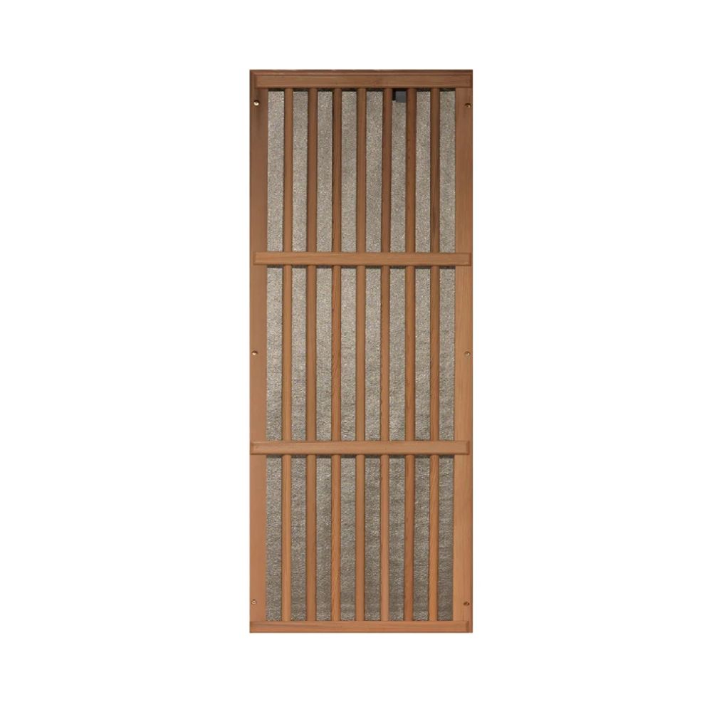 Wooden screen door with vertical slats on a white background