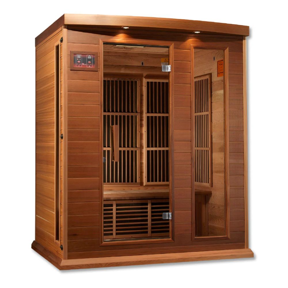 Wooden sauna with glass doors on a white background