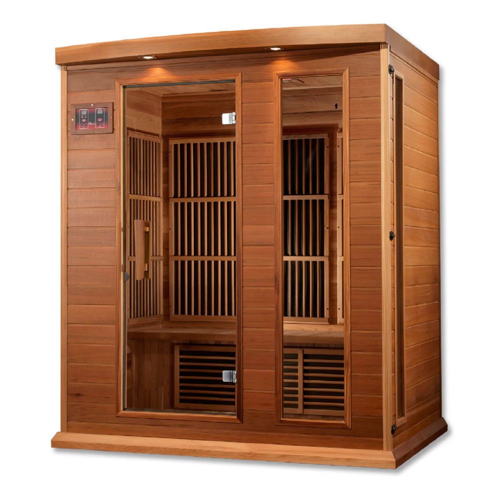 Wooden sauna with glass doors on a white background