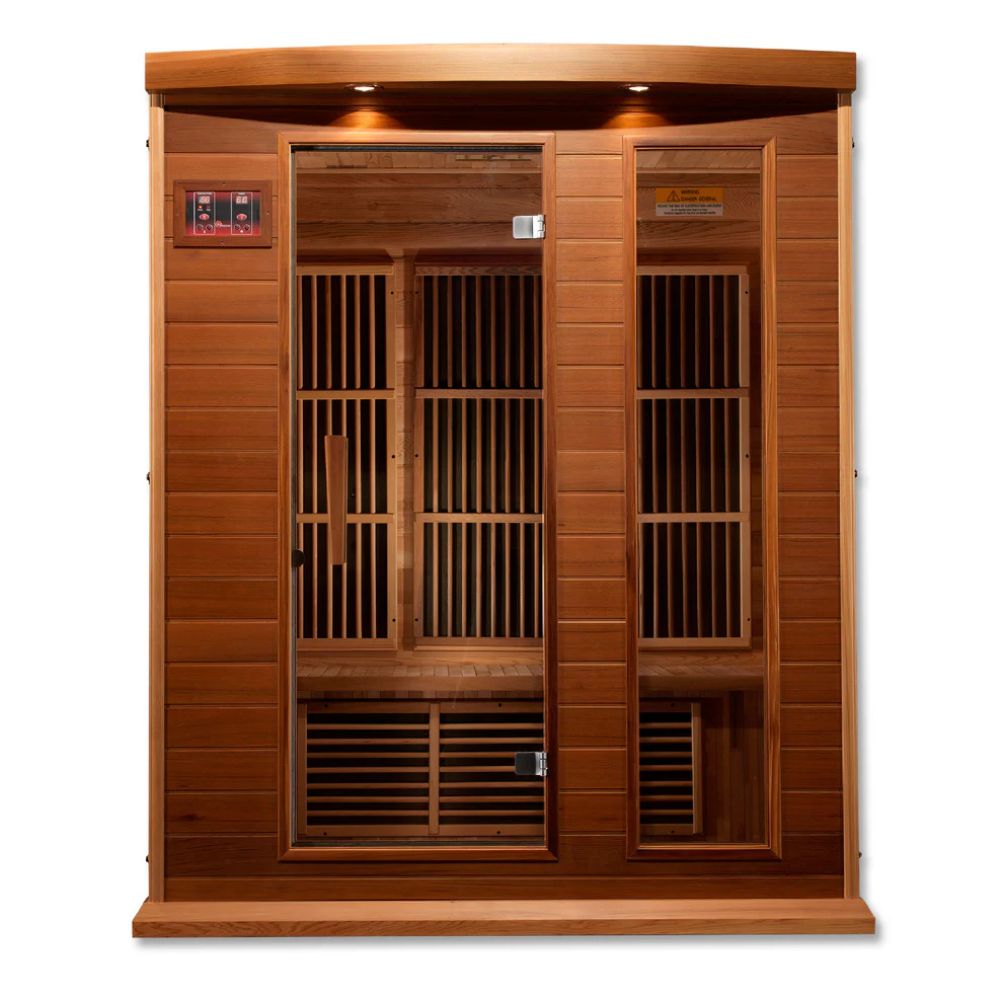 Wooden sauna with interior compartments on a white background