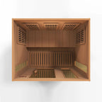 Top view of a wooden sauna with glass panels on a white background
