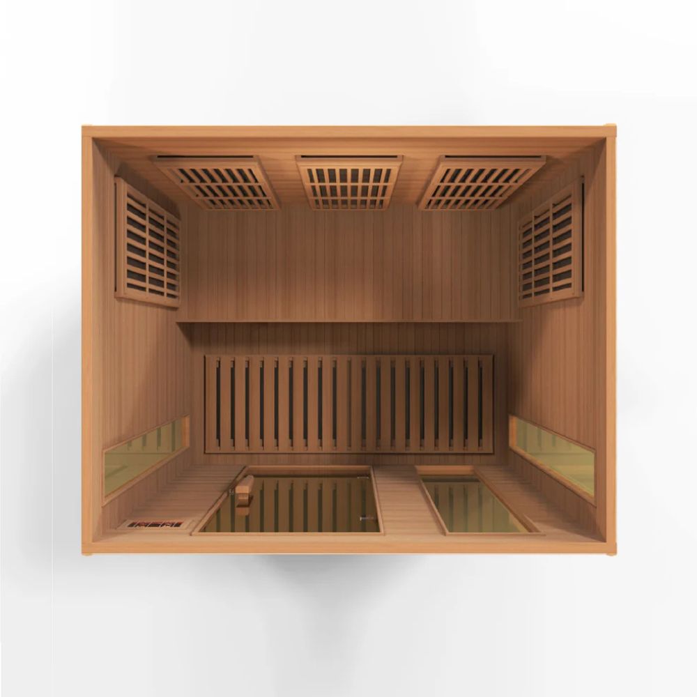 Top view of a wooden sauna with glass panels on a white background