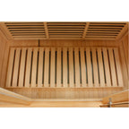 Wooden sauna with slatted ceiling and floor