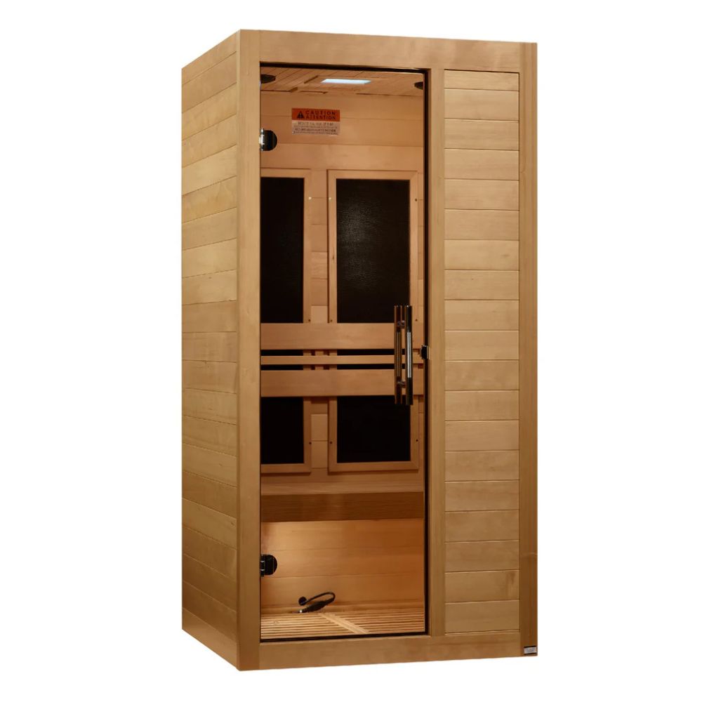 Wooden sauna with glass doors on a white background