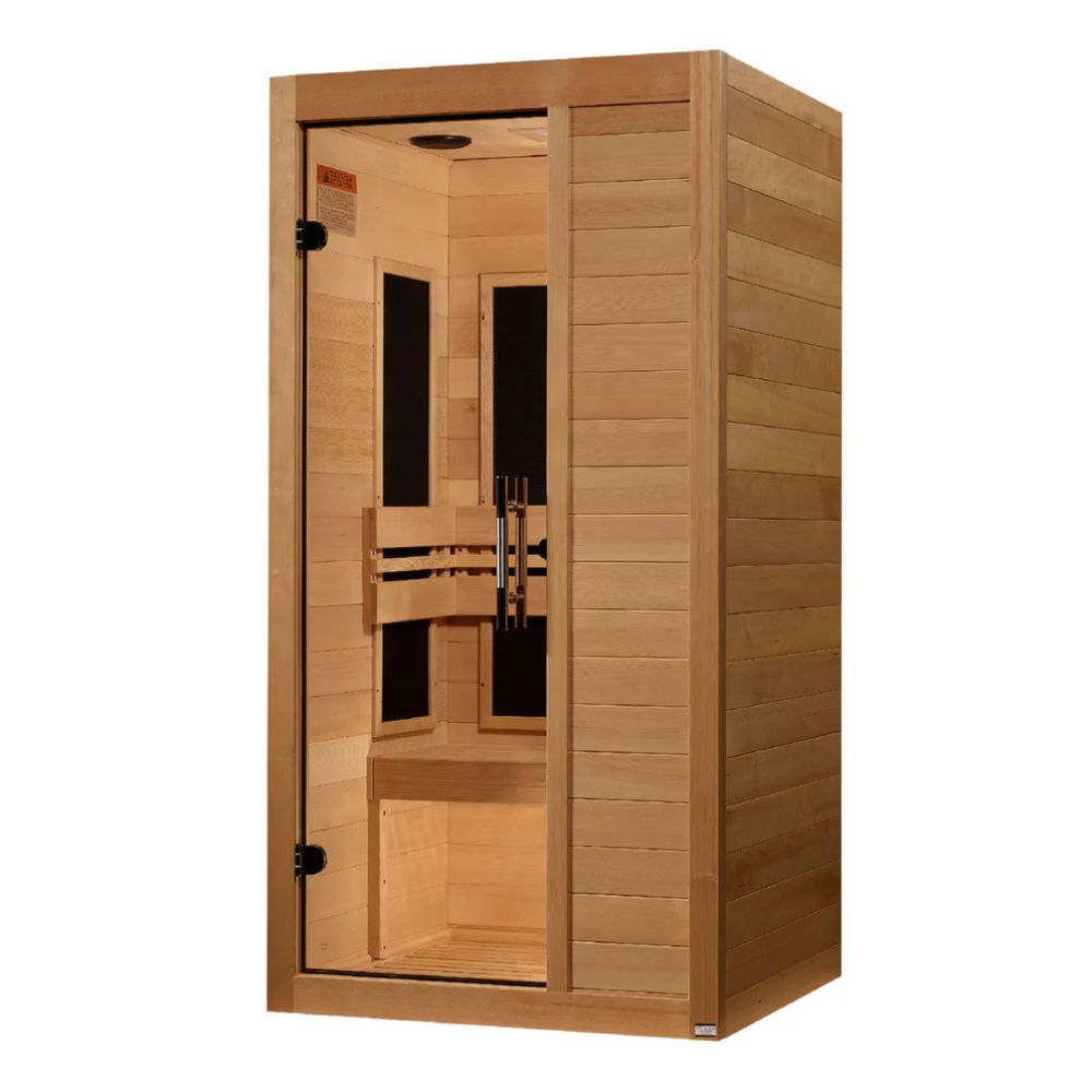 Wooden sauna with glass door on a white background