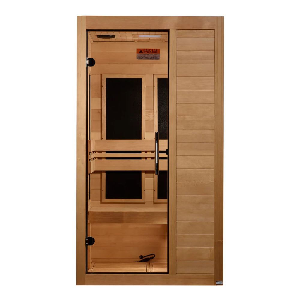 Wooden sauna with glass door on a white background
