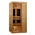 Wooden sauna with glass doors on a white background