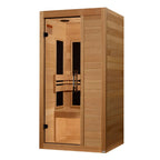 Wooden sauna with glass door on a white background