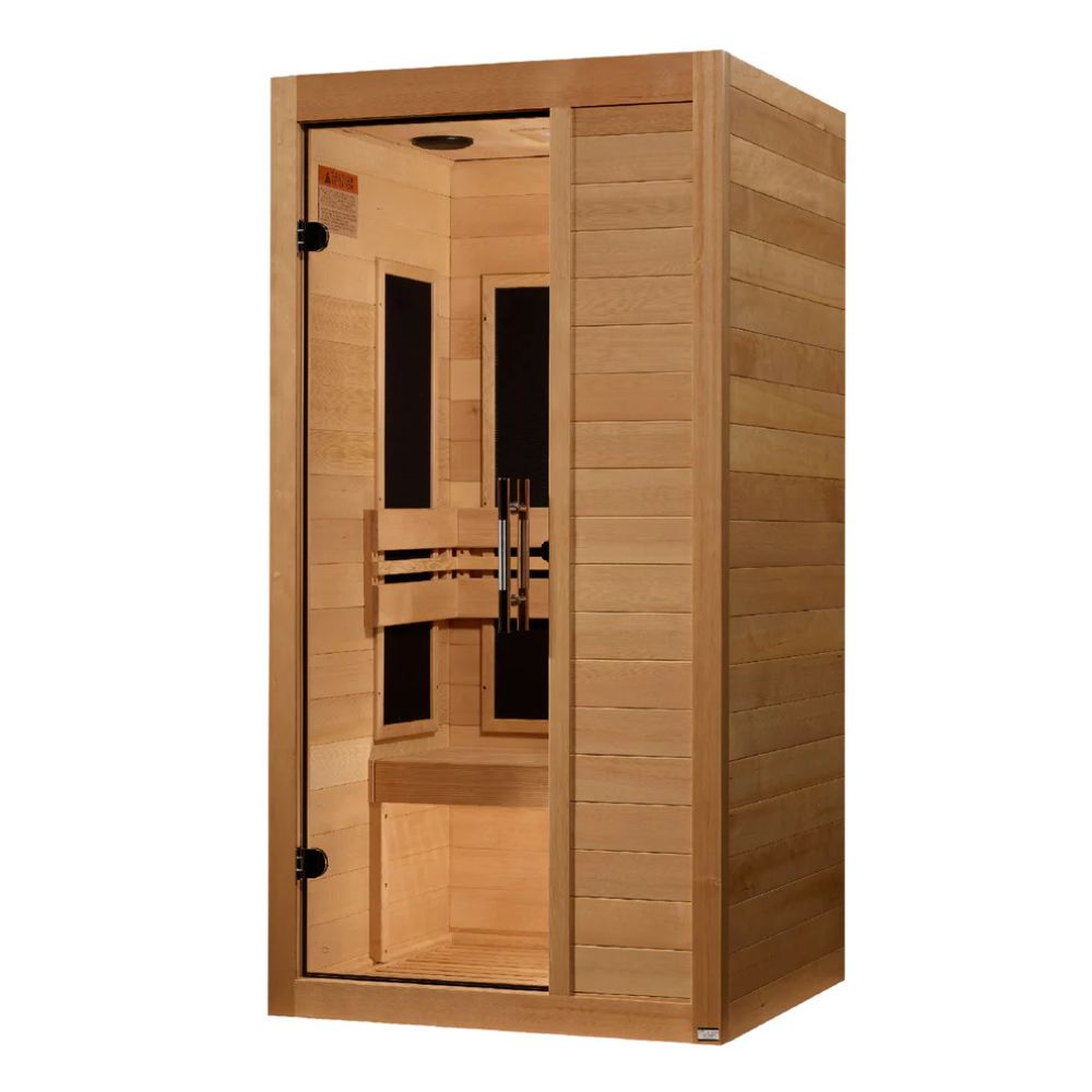 Wooden sauna with glass door on a white background