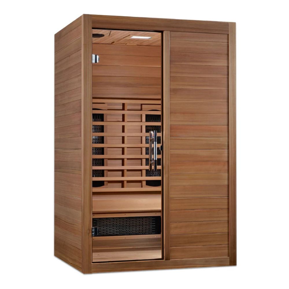 Wooden sauna with sliding door on a white background