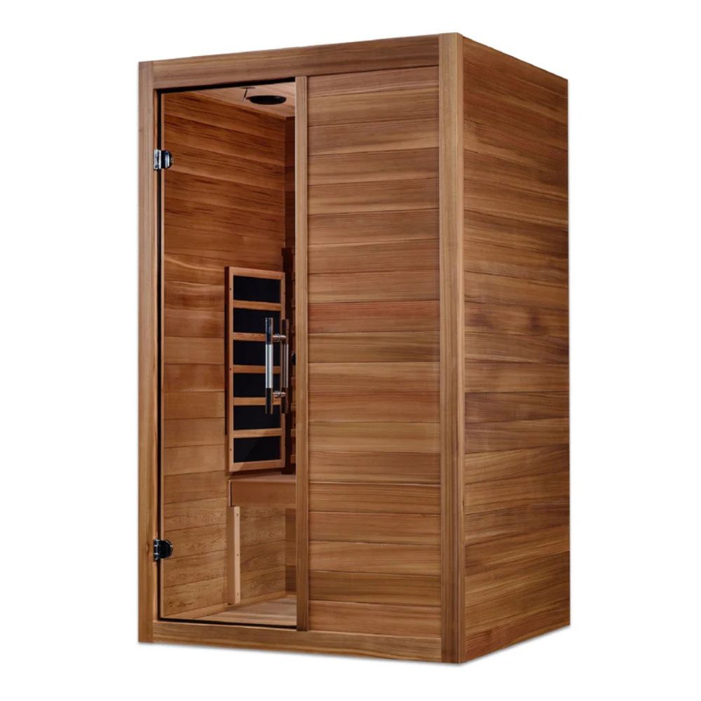 Wooden sauna with open door on a white background