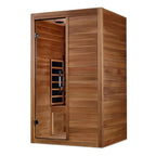 Wooden sauna with open door on a white background