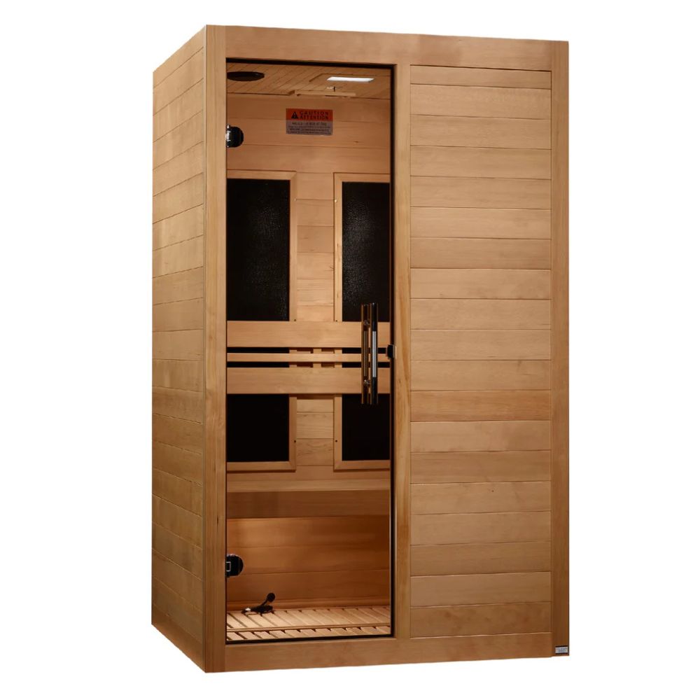 Wooden sauna with open door on a white background