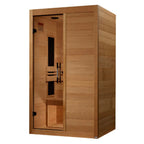 Wooden sauna with sliding door on a white background
