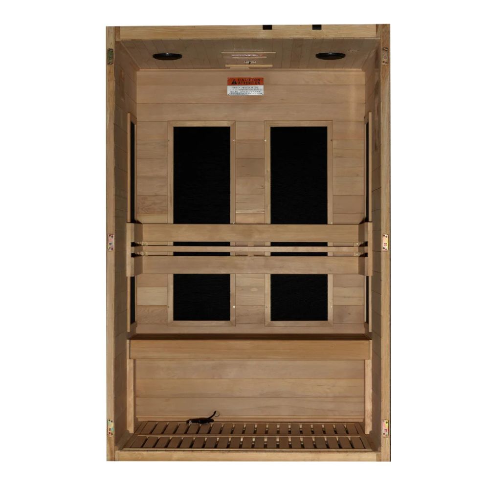 Wooden sauna with glass panels on a white background