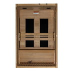 Wooden sauna with glass panels on a white background