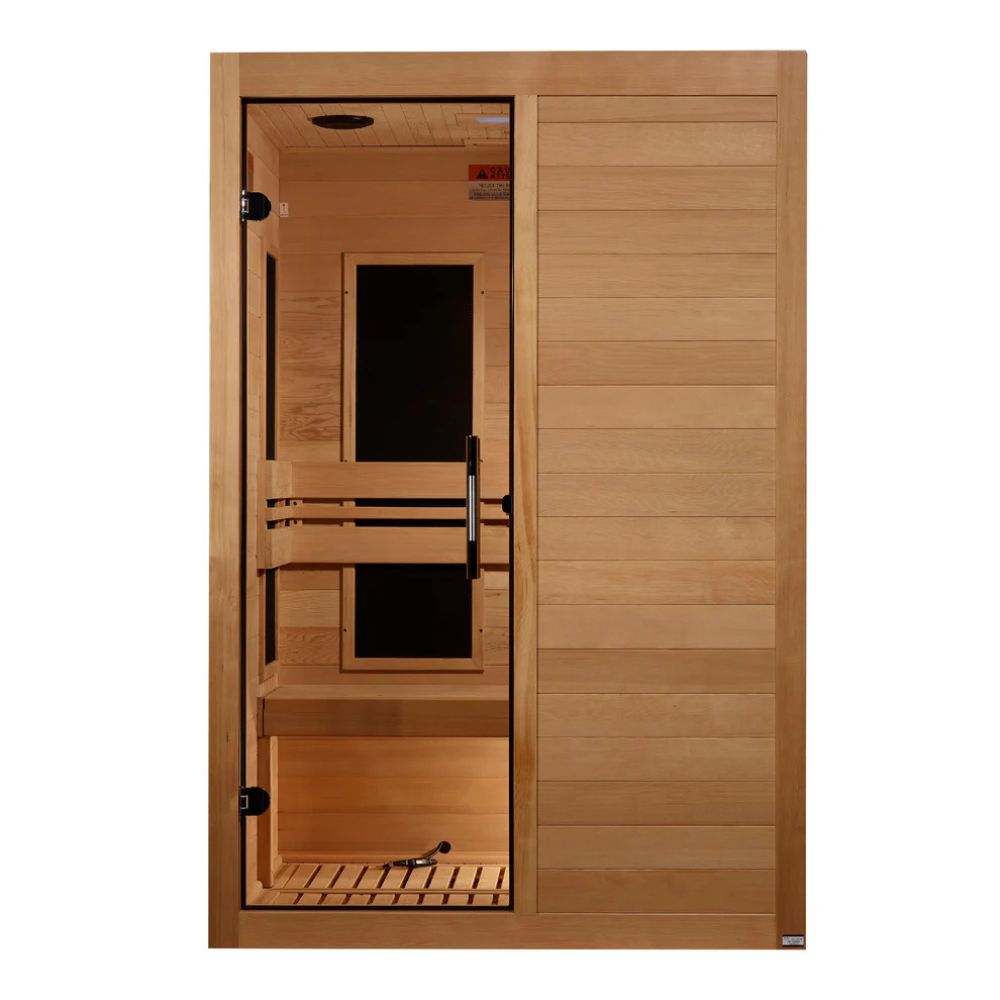 Wooden sauna with interior view on a white background