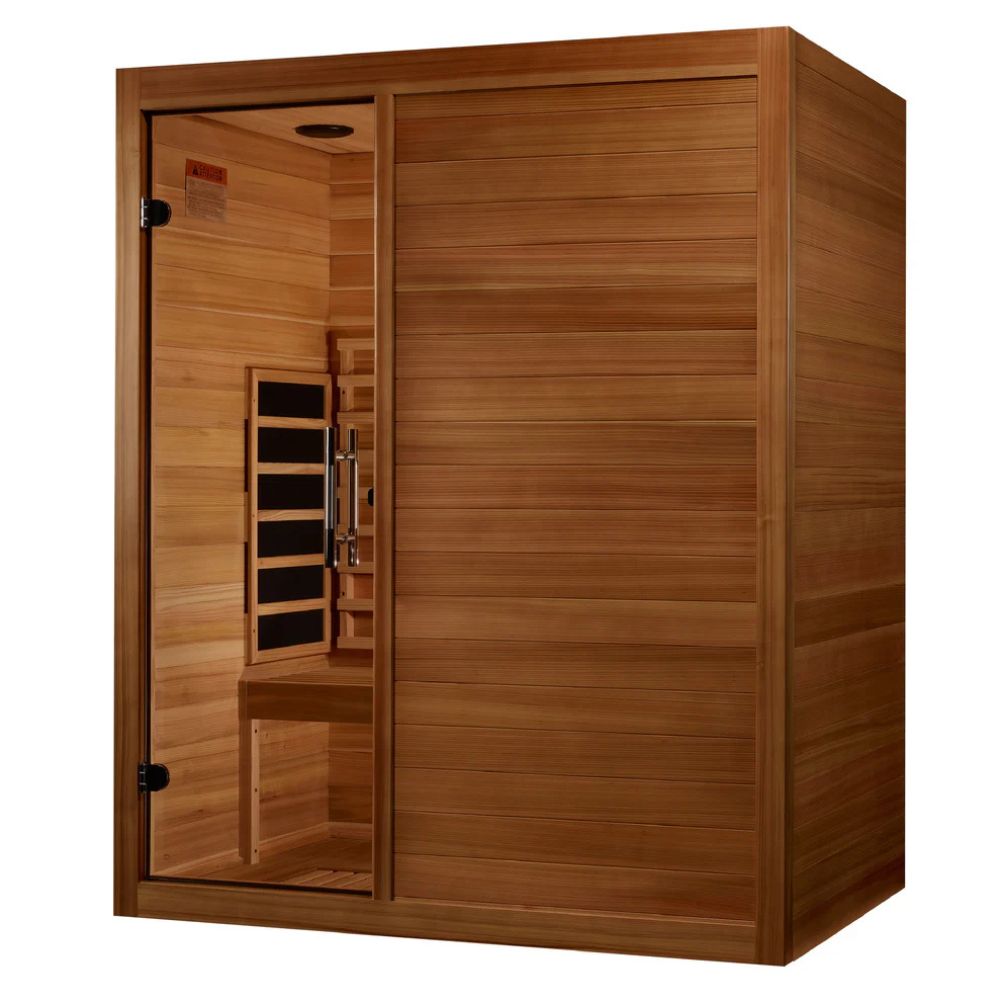 Wooden sauna with glass door on a white background