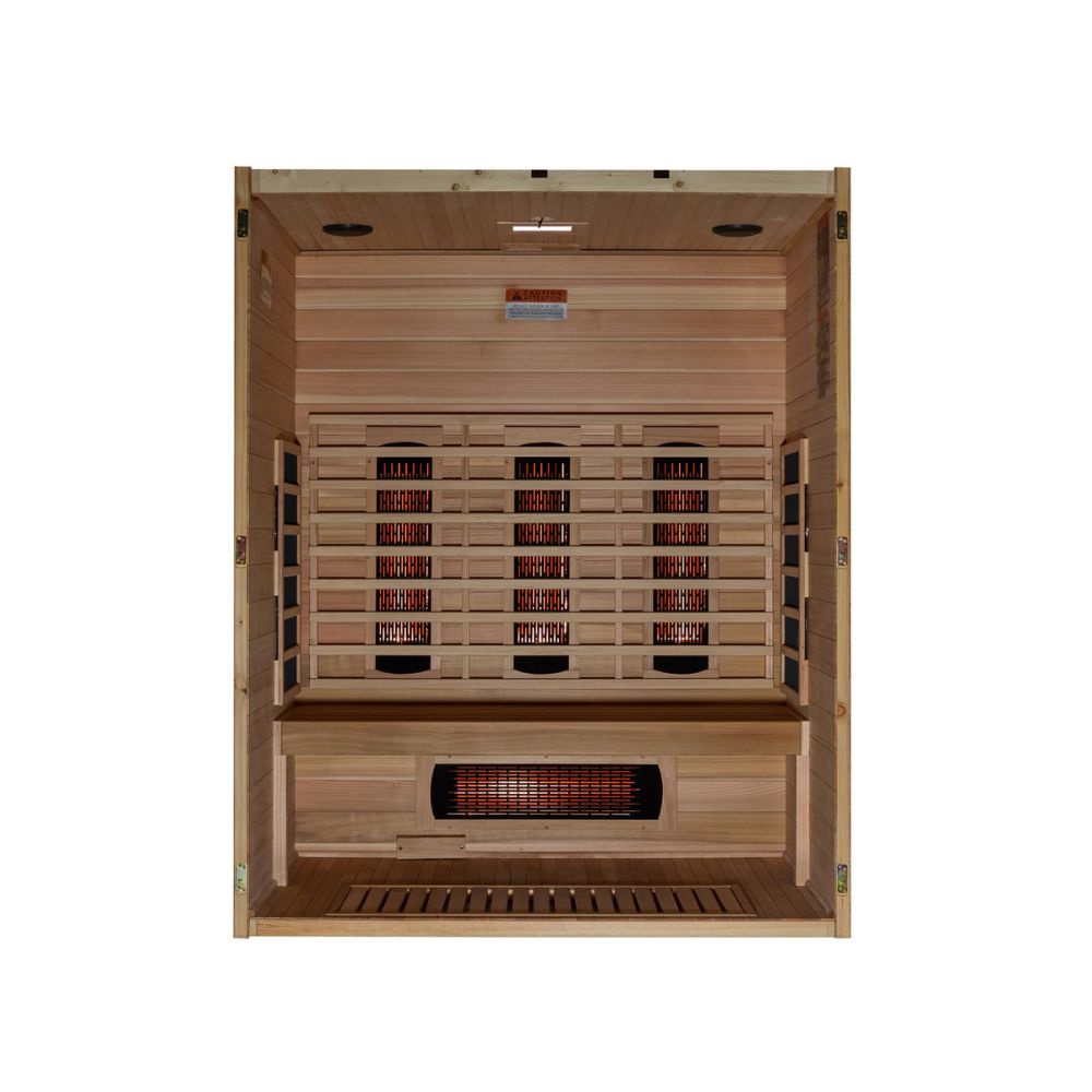 Wooden infrared sauna with heaters on a white background