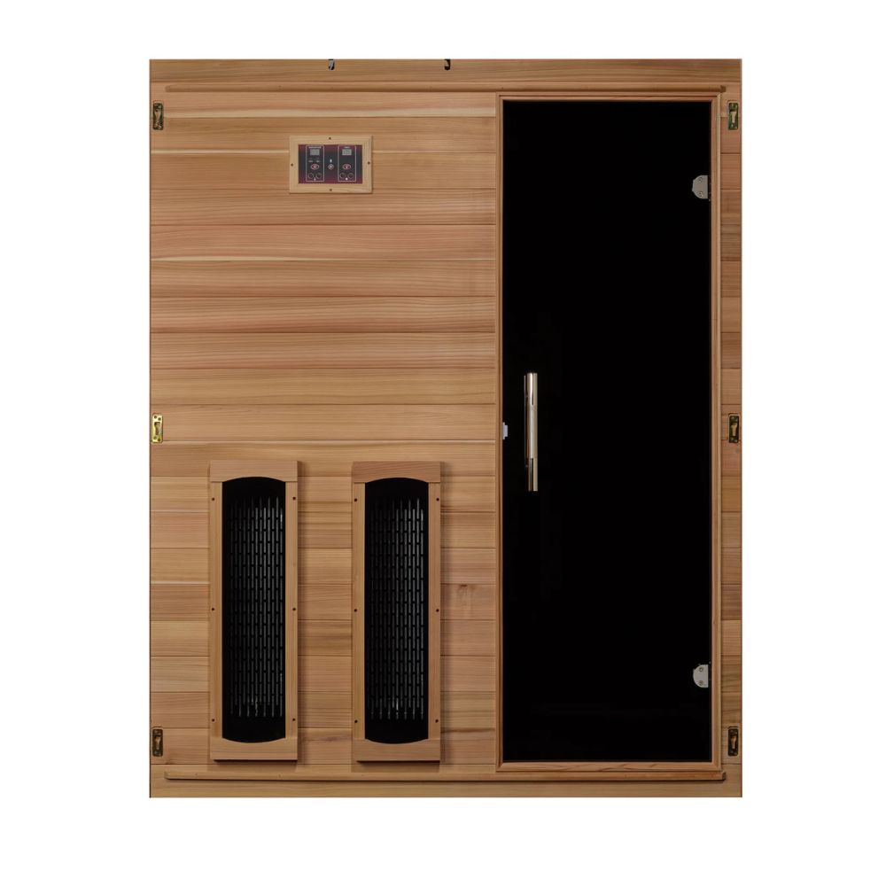 Wooden sauna with black door on a white background