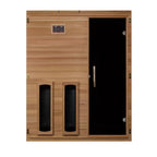 Wooden sauna with black door on a white background