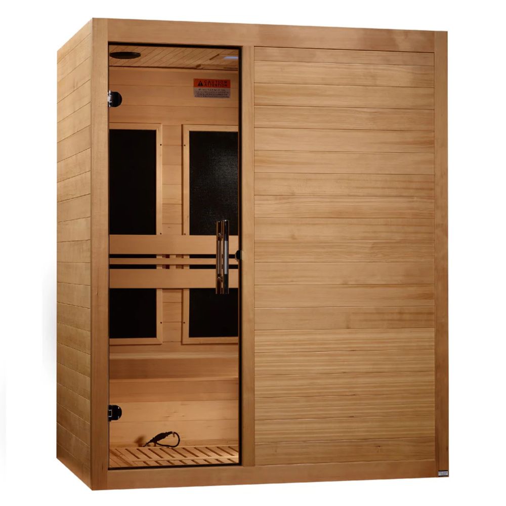 Wooden sauna with open door on a white background