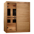Wooden sauna with open door on a white background