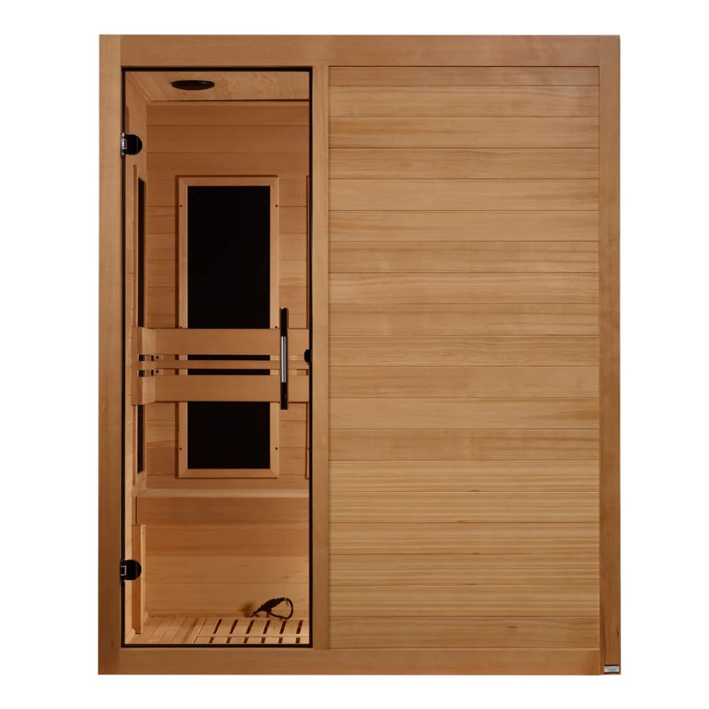 Wooden sauna door with a small window on a white background