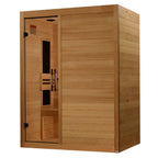 Wooden sauna with a closed door on a white background