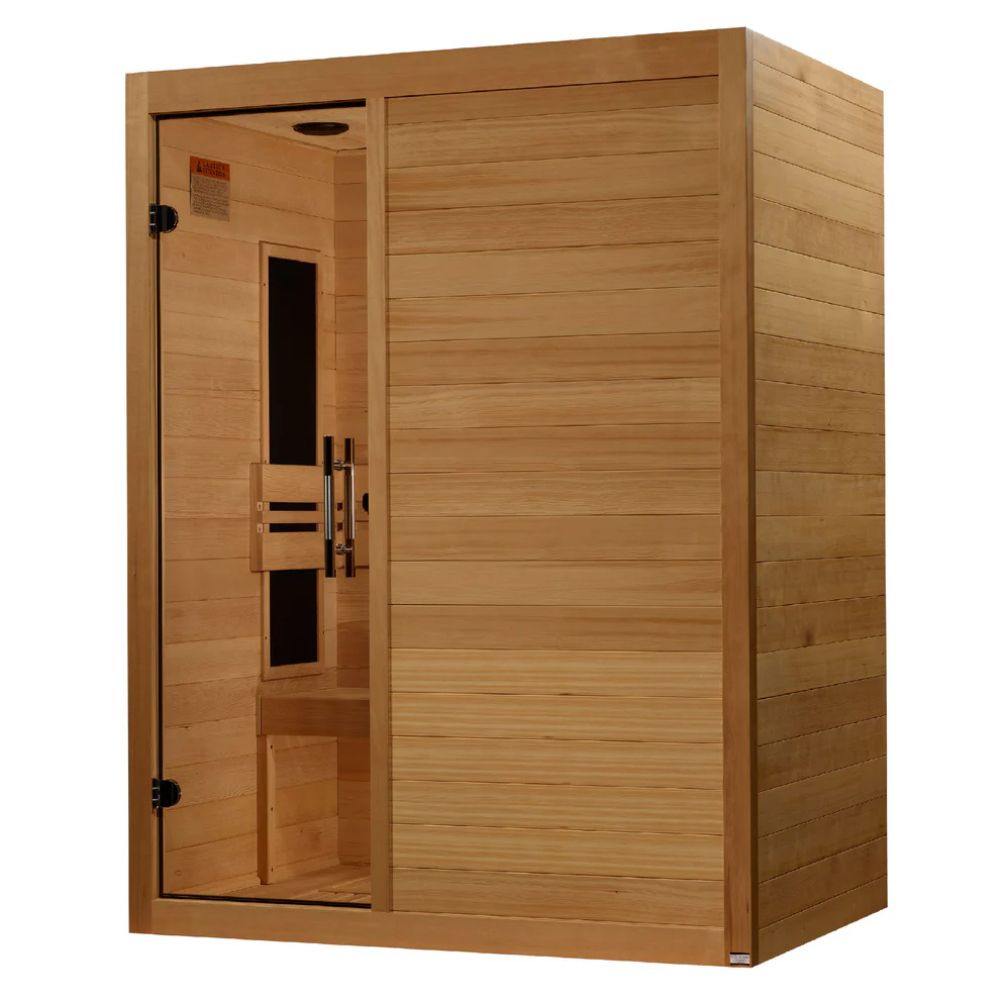 Wooden sauna with a closed door on a white background