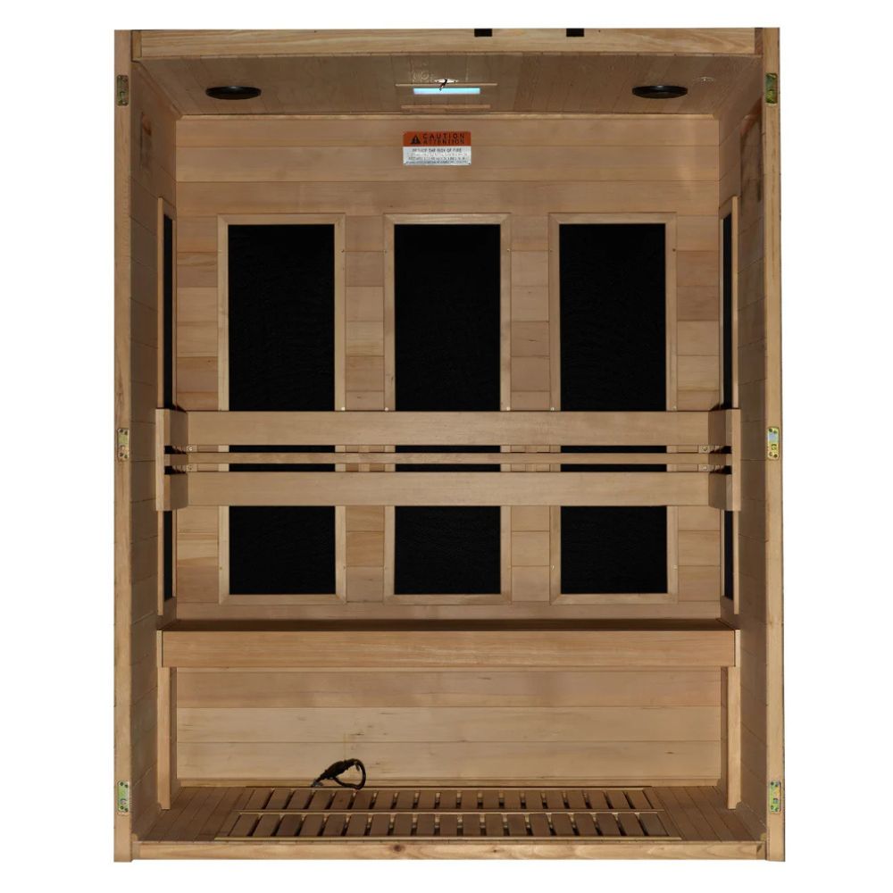 Wooden sauna with glass panels on a white background