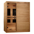 Wooden sauna with sliding door on a white background