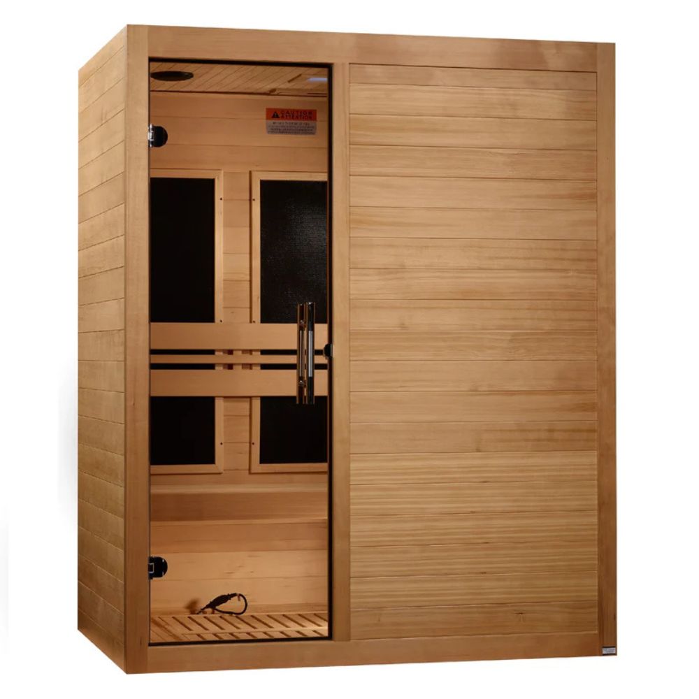 Wooden sauna with sliding door on a white background