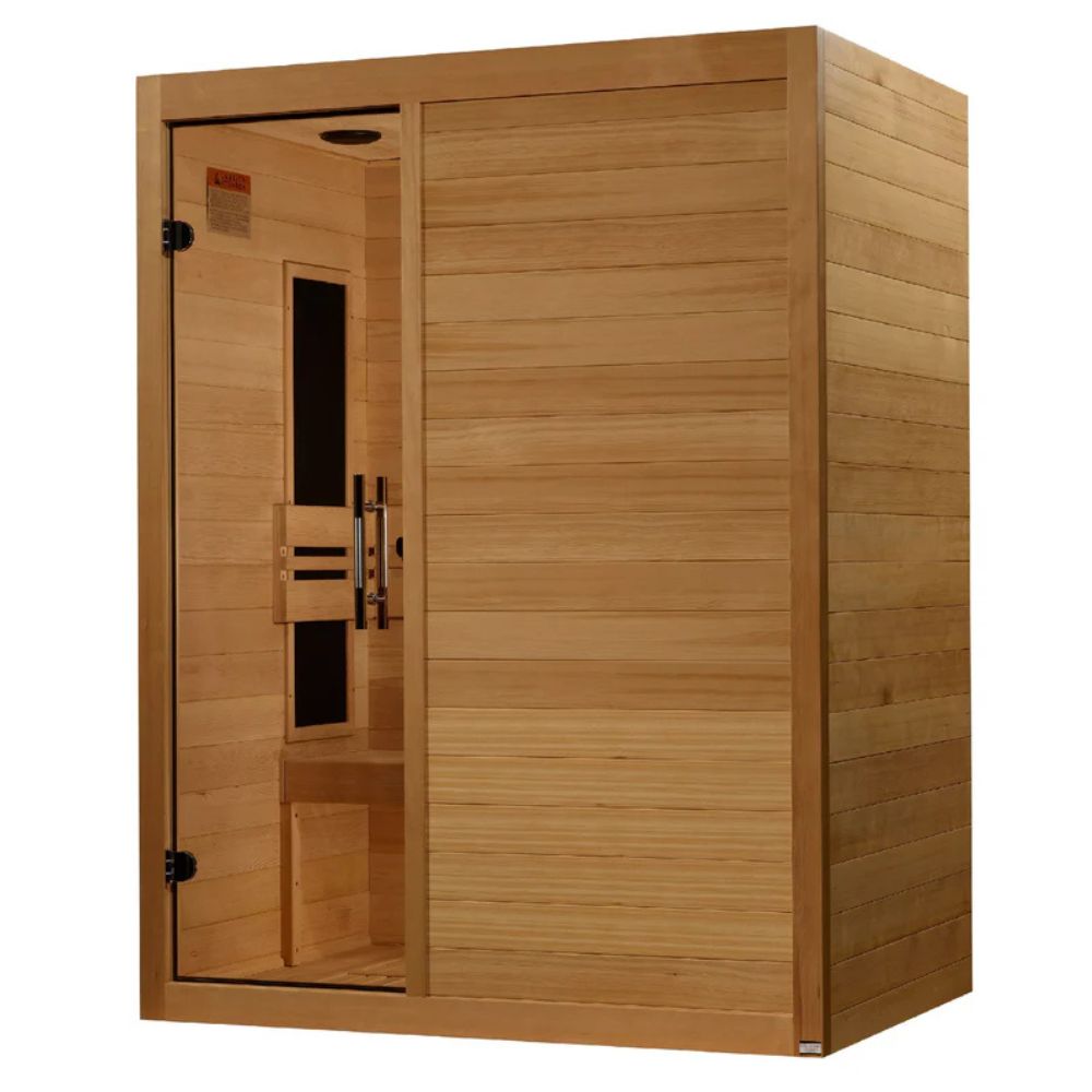 Wooden sauna with a closed door on a white background