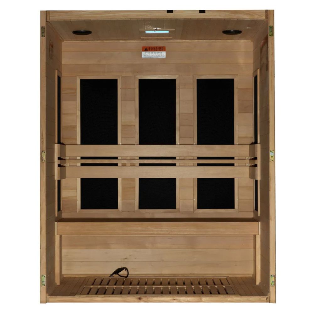 Wooden sauna with four dark panels on a white background