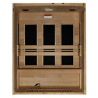 Wooden sauna with four dark panels on a white background
