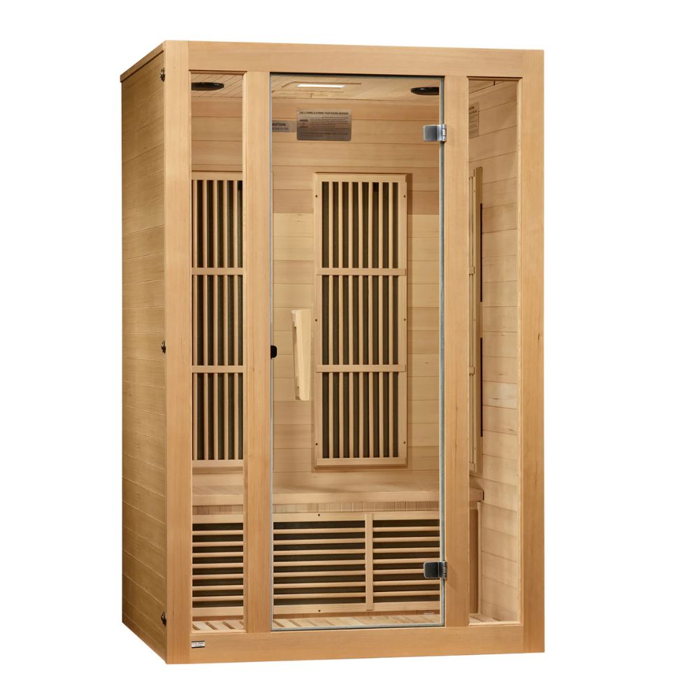 Wooden sauna with glass door on a white background