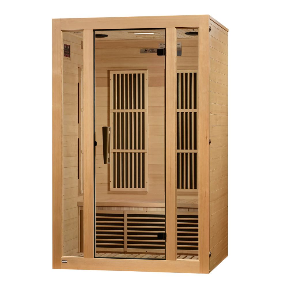 Wooden sauna with glass doors on a white background