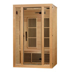 Wooden sauna with glass doors on a white background