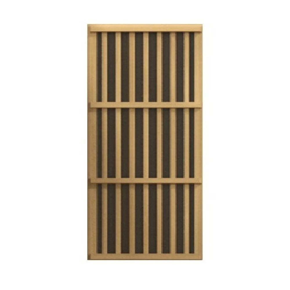 Wooden screen door with horizontal slats on a white background