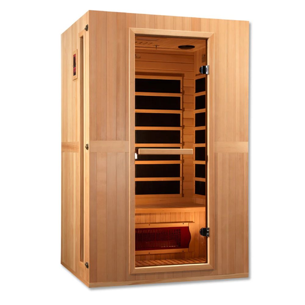 Wooden sauna with open door on a white background