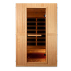 Wooden sauna door with interior view on a white background