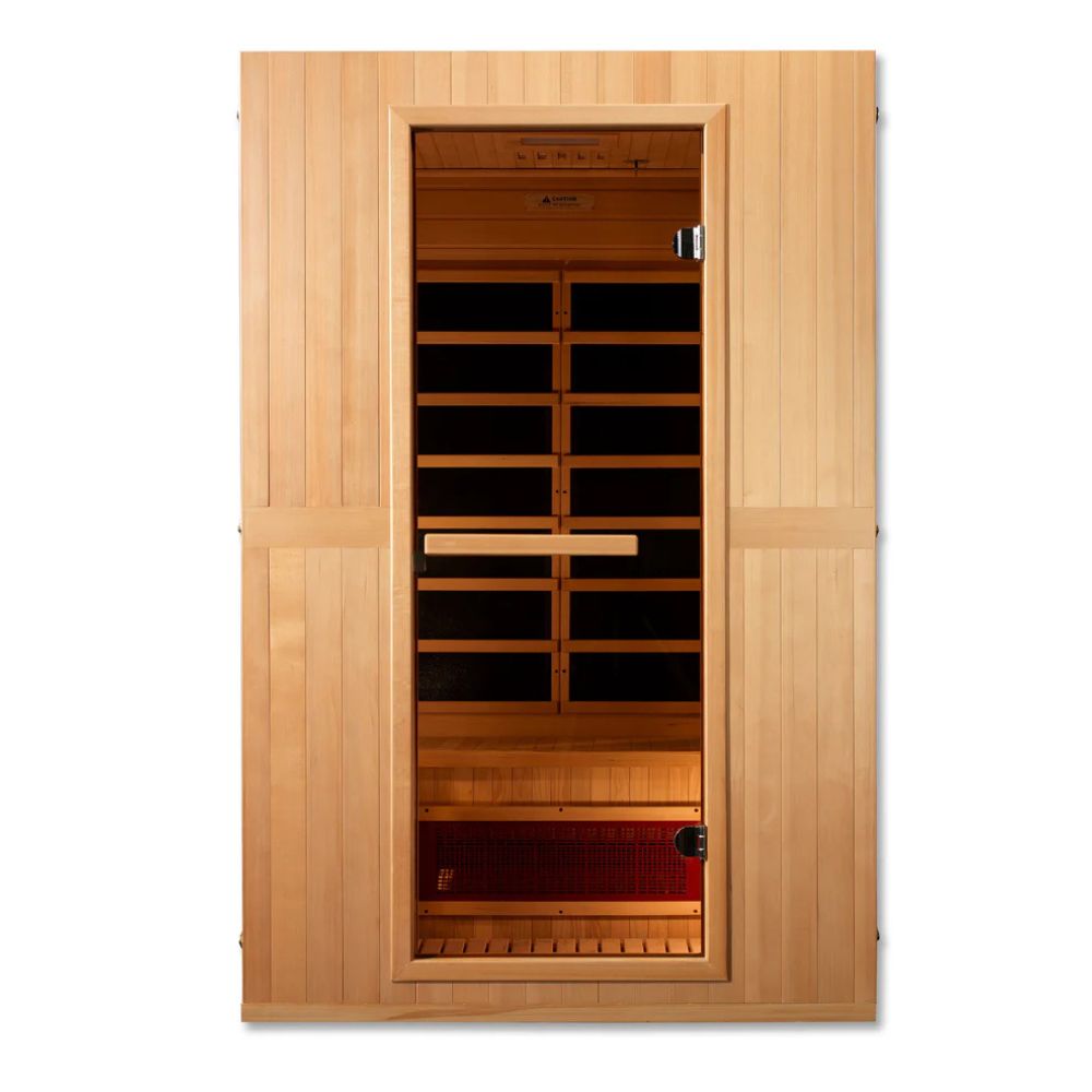Wooden sauna door with interior view on a white background