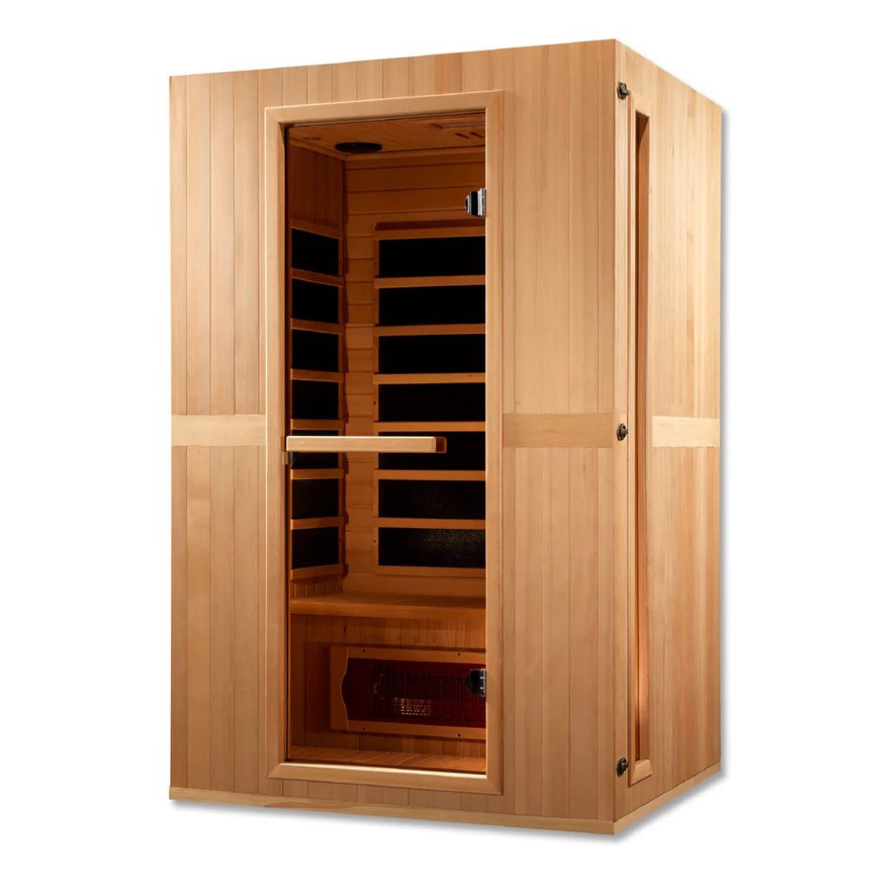 Wooden sauna with glass door on a white background