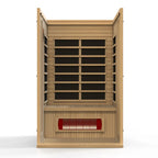 Wooden sauna with a red heating element on a white background